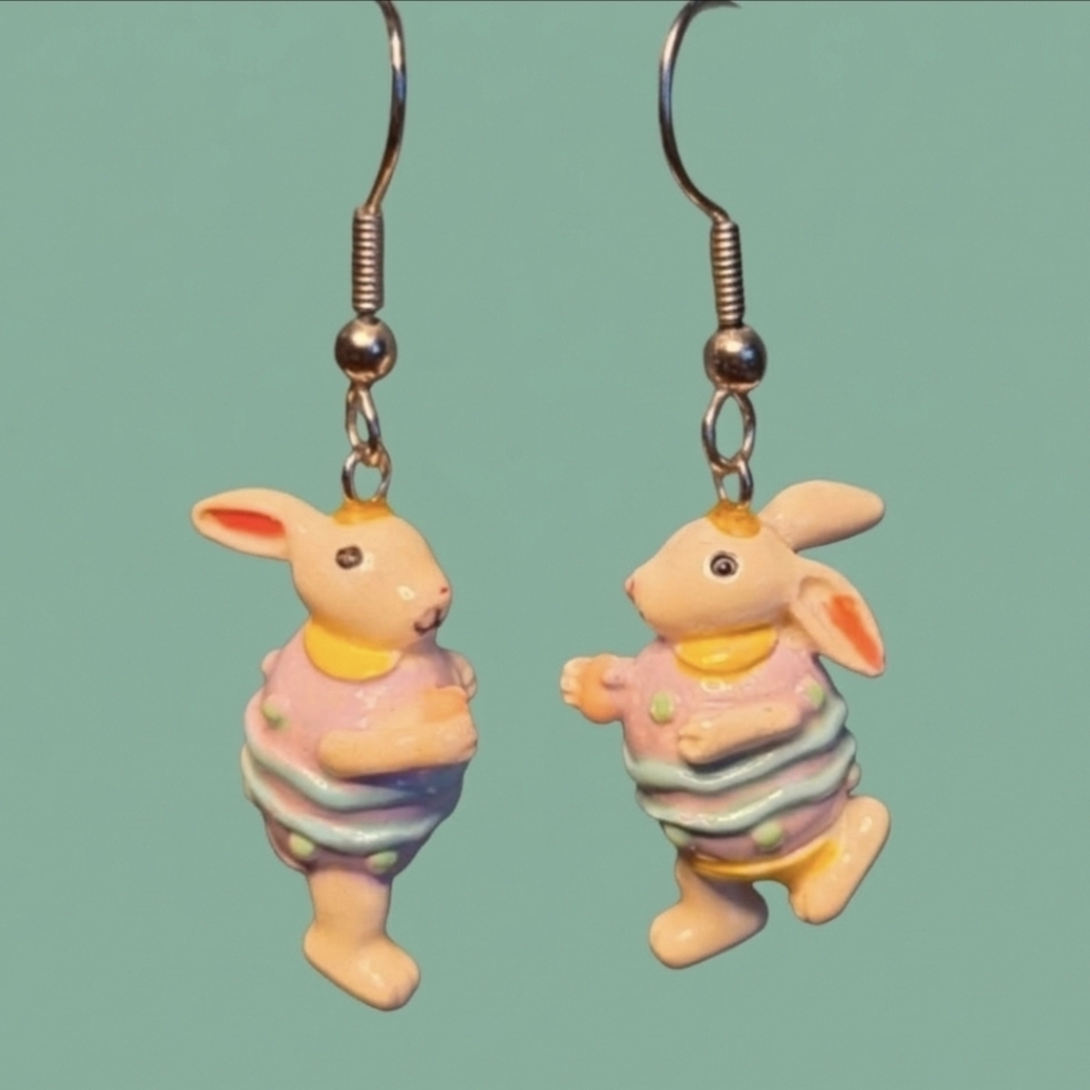 Bunnies Dressed As Easter Eggs Dangle Earrings with Pastel Colors - Picture 1 of 8